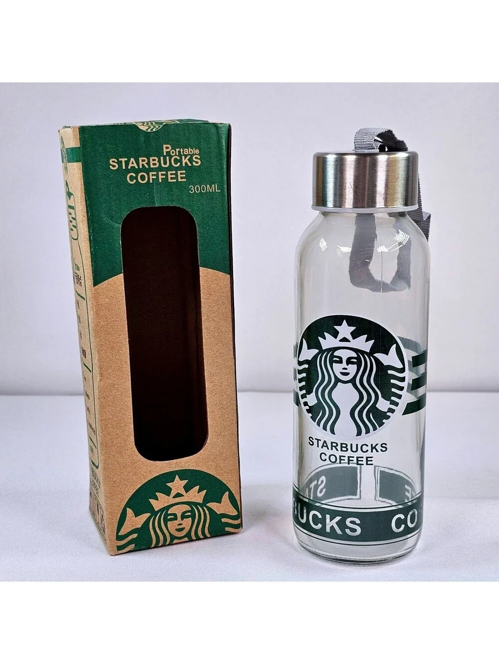 Starbucks Coffee Portable Glass Water Bottle 300ml Clear Green Logo Metal Lid